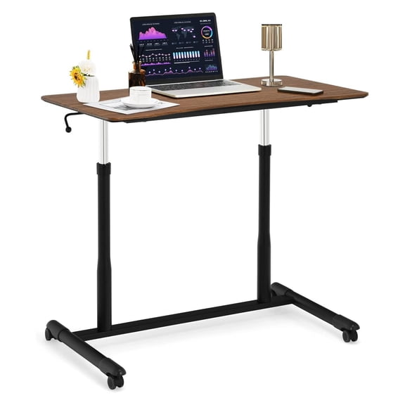 Mobile Height Adjustable Standing Desk, Compact Pneumatic Sit to Stand Computer Desk w/Lockable Casters, Ergonomic Rolling Laptop Table w/Steel Frame for Home Office (Espresso)
