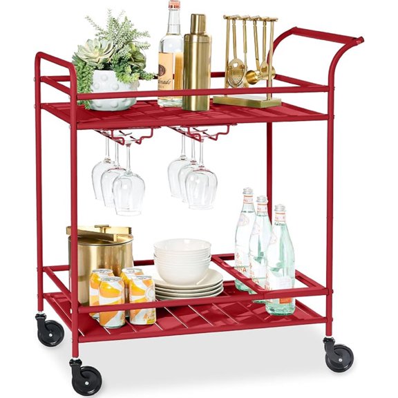 Mobile Home Bar Serving Cart, Serving Station w/ 2 Tier Shelves, Wine Rack, Lockable Wheels - Red