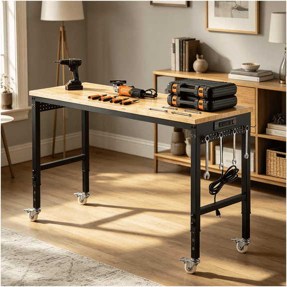 Mobile Home Office Workstation Desk with Power Outlet, Adjustable Height, and Locking Wheels for Study Room and Small Workspaces