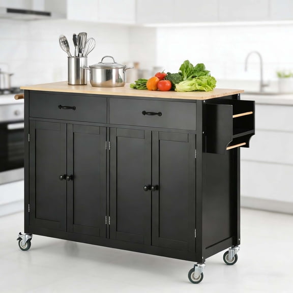 Mobile Kitchen Cart & Rolling Island, Multi-Functional Storage Station with Wood Countertop for Modern Kitchens