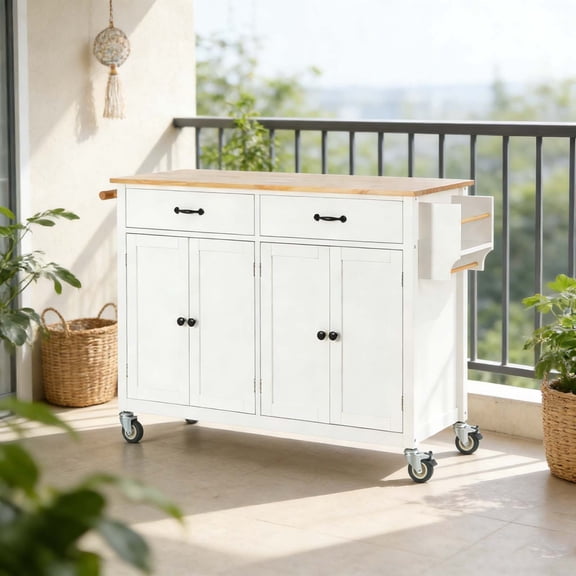 Mobile Kitchen Cart & Rolling Island, Multi-Functional Storage Station with Wood Countertop for Modern Kitchens