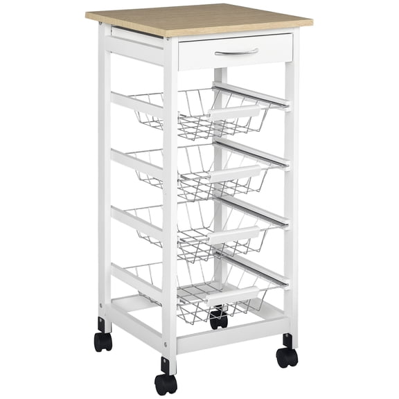 Mobile Kitchen Cart, Rolling Kitchen Island with Storage, Solid Wood Frame Utility Cart with Wire Fruit Baskets and Drawer, White