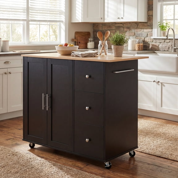 Mobile Kitchen Cart with Storage 39.76" Rolling Kitchen Island with 2 Doors, 3 Drawers & Adjustable Shelf, Black Utility Cart with Lockable Wheels for Kitchen Dining Room Prep Station