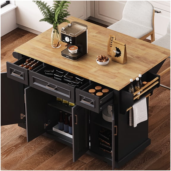 Mobile Kitchen Cart with Drop Leaf, 4 Locking Wheels, Farmhouse Storage Island with Doors, Drawers and Spice Rack in Black