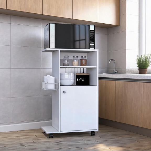 Mobile Kitchen Cart with Enclosed Cabinet and Casters, Classic White Finish, Compact 15x23.6x15 Inches