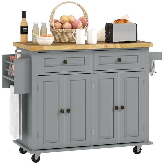 Mobile Kitchen Cart with Spice Rack and Drawers, Rolling Island for Dining Room, Gray Rubber Wood Top