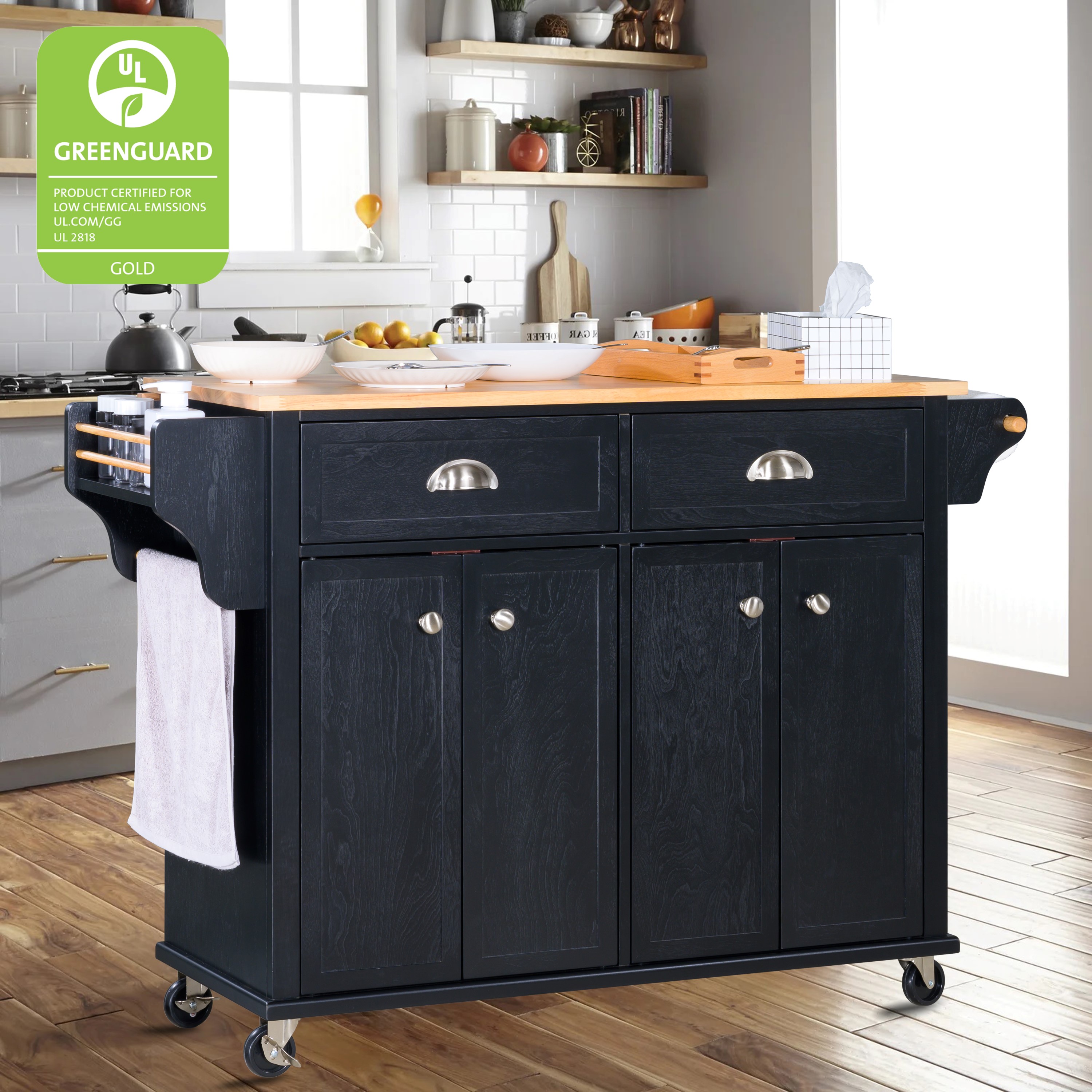 Mobile Kitchen Island Cart with Rubberwood Countertop and DropLeaf