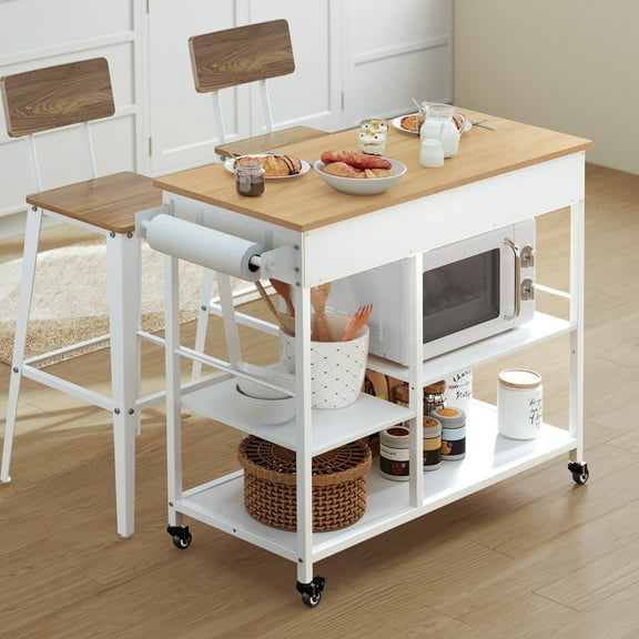 Mobile Kitchen Island Cart with 2 Drawers and Towel Rack, 38.8 Inch Rolling Storage Cart with Locking Wheels, Oak Beige and White