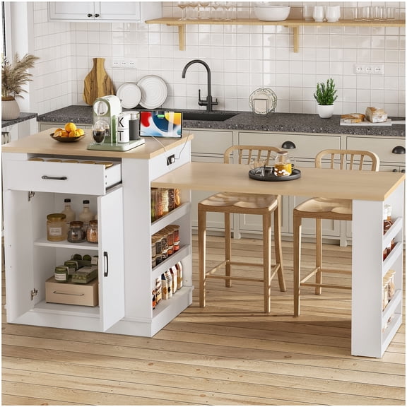 Mobile Kitchen Island Cart with Extendable Table Top, White Farmhouse Style Storage Cabinet with Drawers and Open Shelving, Rolling Prep Table