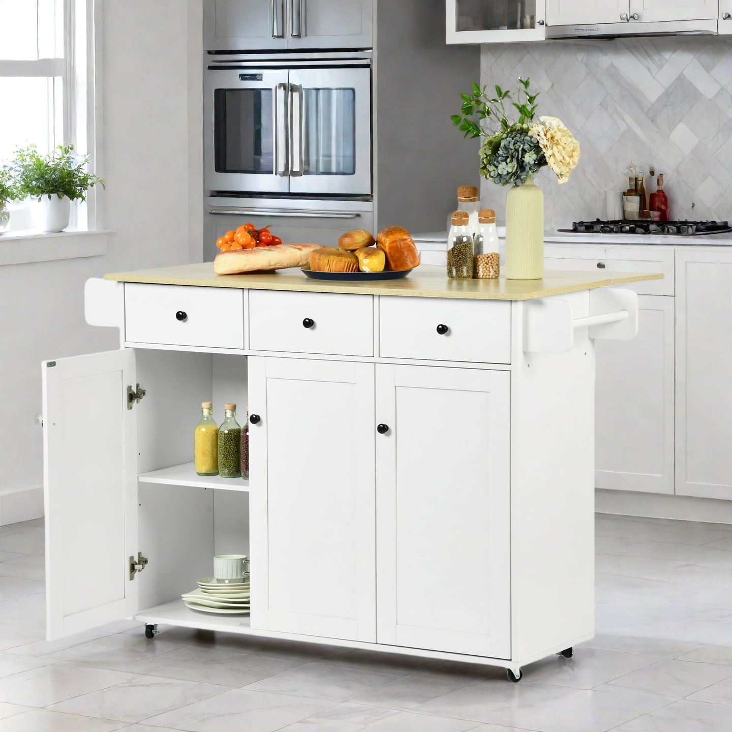 Mobile Kitchen Island Cart with Folding Drop Leaf, Light Oak Top Rolling Storage Cabinet with Drawers, Lockable Wheels & Towel Rack for Kitchen
