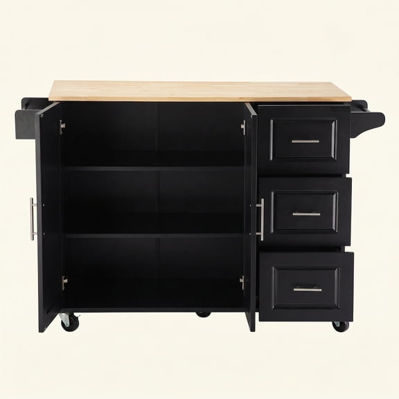 Mobile Kitchen Island Cart with Natural Rubberwood Top, Large Adjustable Storage Cabinet, Perfect for Kitchen & Parties