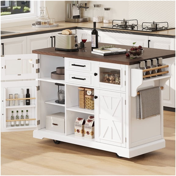 Mobile Kitchen Island with Outlets, White Farmhouse Style Cart, Drop Leaf Table, 4 Cabinet Doors, Glass Insert, Towel Rack and Lockable Rolling Wheels