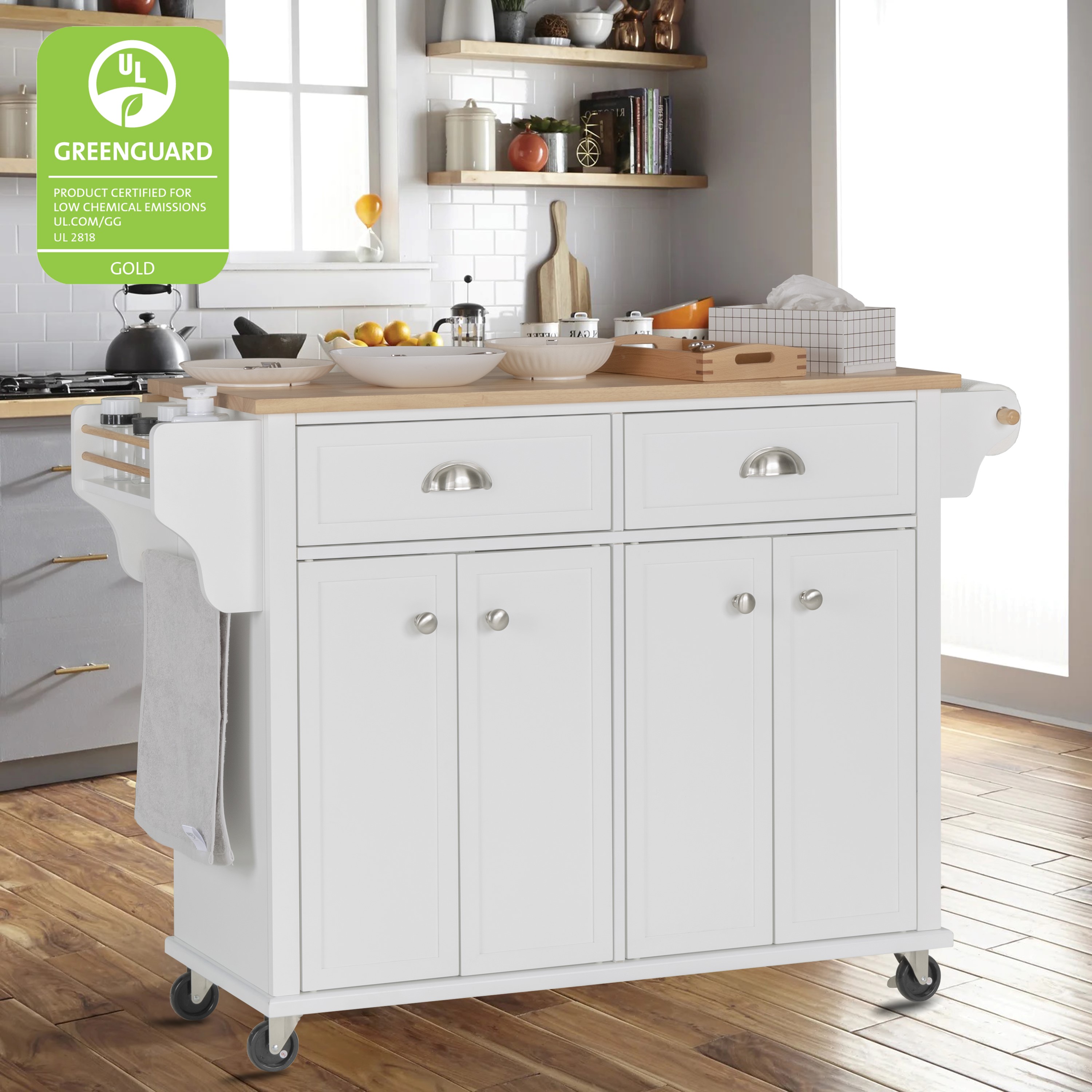 Mobile Kitchen Island with Rubberwood Countertop and DropLeaf
