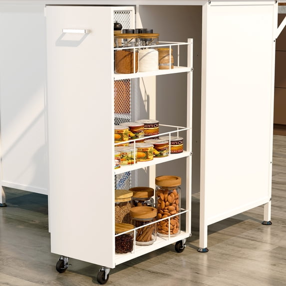 Mobile Kitchen Island with Storage Rolling Cart with Foldable Breakfast Bar 2 Doors 3-Tier Cabinet Drawers Hooks for Small Space Kitchen Dinning Room,White/Oak