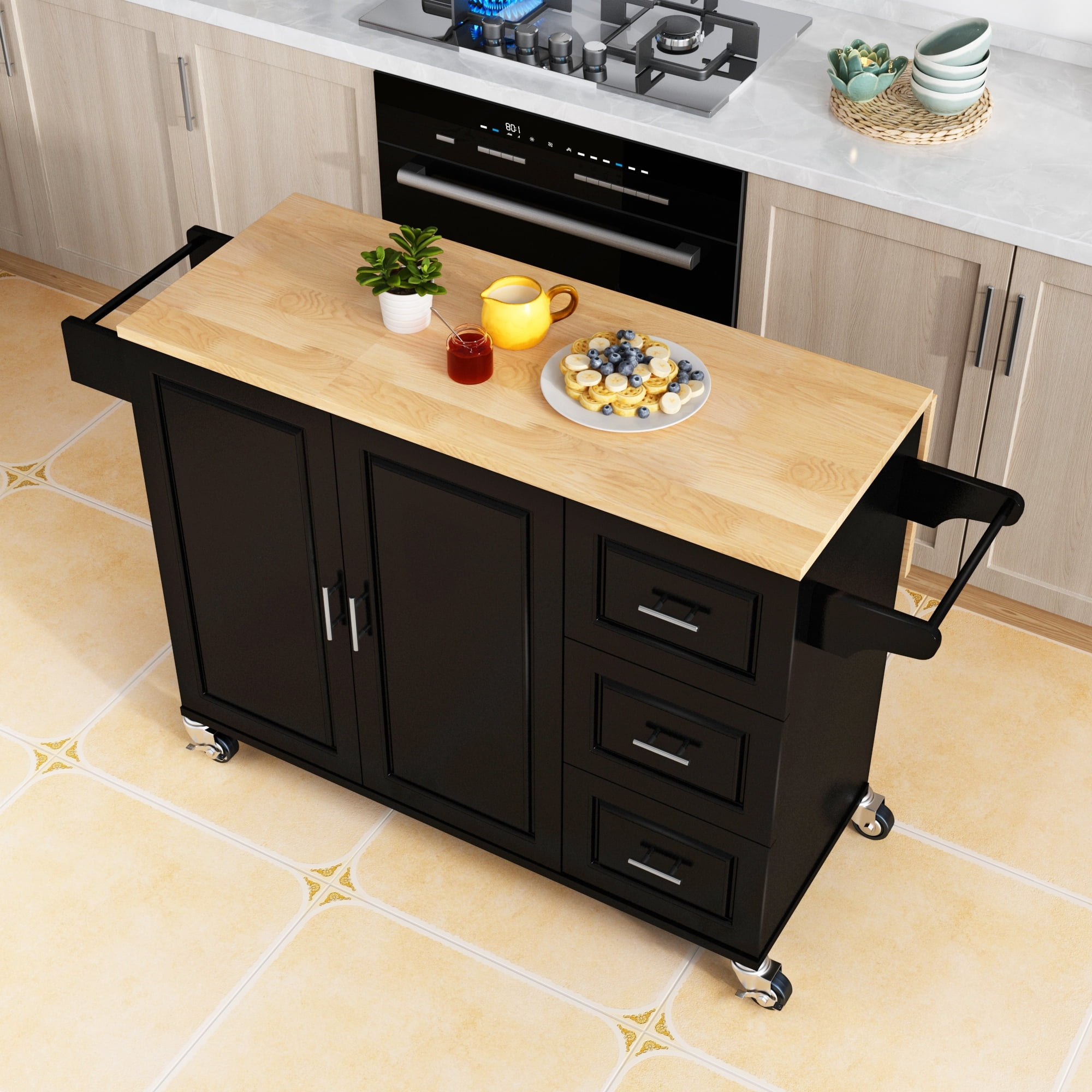 Mobile Kitchen Island with 3 Big Drawers and Shelves Black