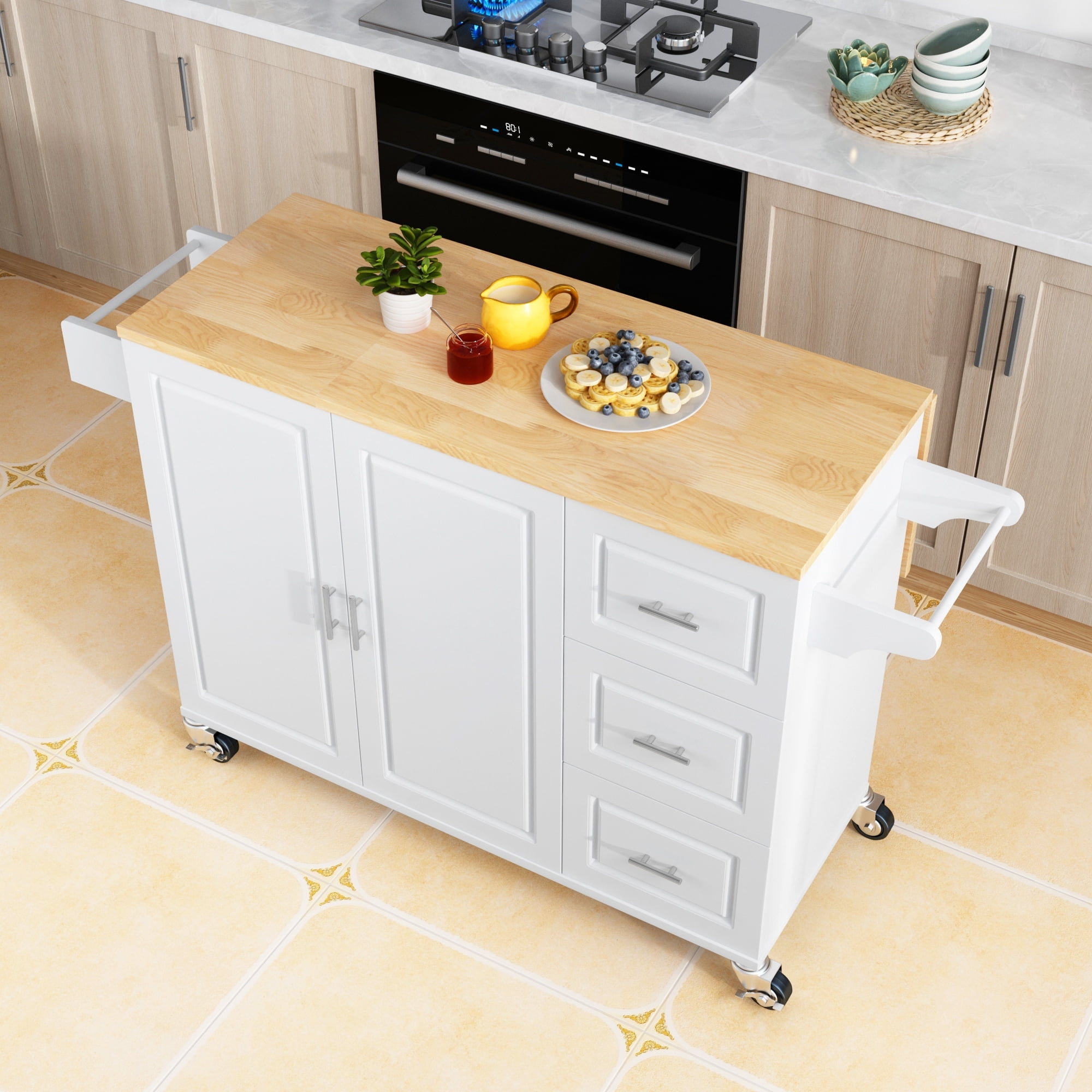 Mobile Kitchen Island with 3 Big Drawers and Shelves white