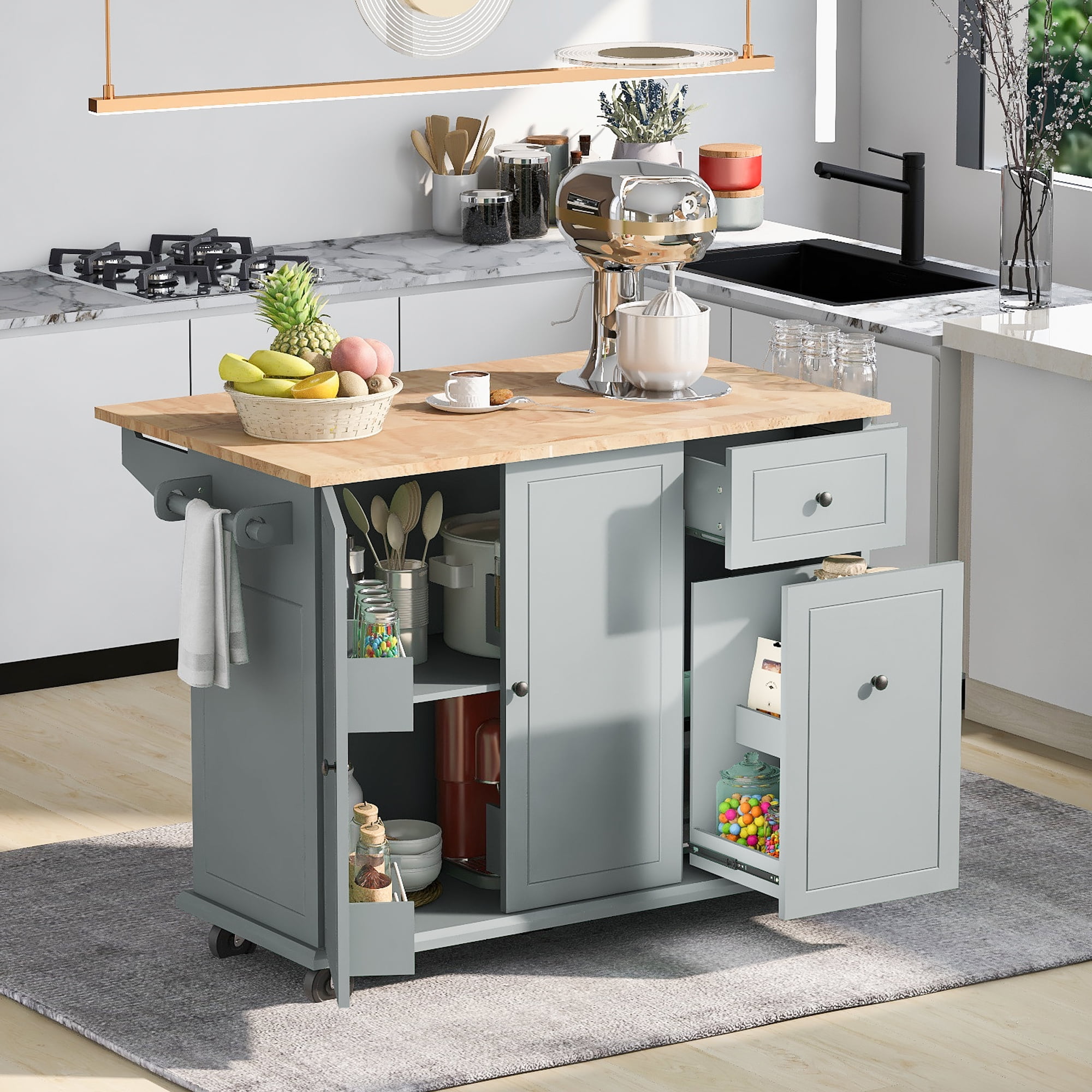 Gray Wood Drop Leaf Kitchen Cart with Storage and Spice Rack