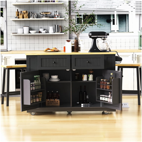 Mobile Kitchen Island with Drop Leaf and 2 Stools, 3 Outlets 2 USB, Locking Wheels, Storage Drawers, Cabinet, Spice Rack, Black Cart