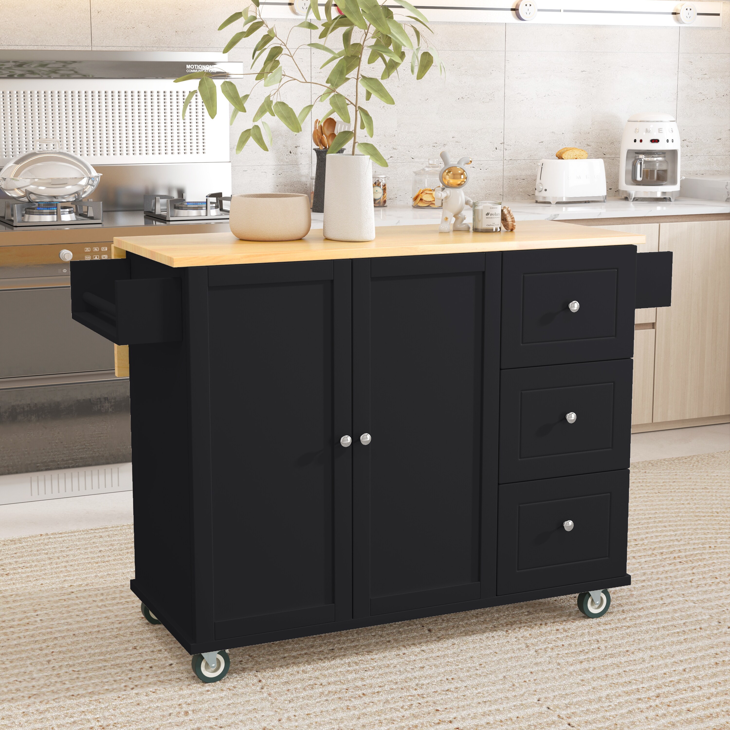 Mobile Kitchen Island with Solid Wood Top and Locking Wheels Black