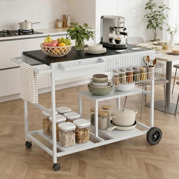 Mobile Kitchen Island with Storage, Rolling Metal Kitchen Cart on Wheels with 3 Shelves, Island Table Microwave Stand Coffee Bar for Kitchen, Dining