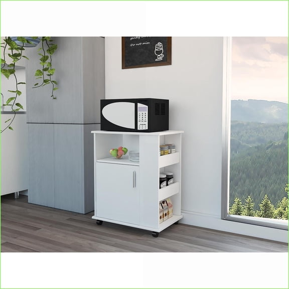 Mobile Kitchen Microwave Cart with Single Door & Three Side Shelves | White | Modern