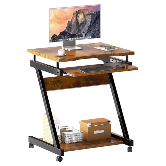 Mobile Laptop Desk 23.6 inch, Portable Computer Cart with Wheels & Keyboard Tray - Vintage Brown Rolling Desk for Home Office, Bedside Table