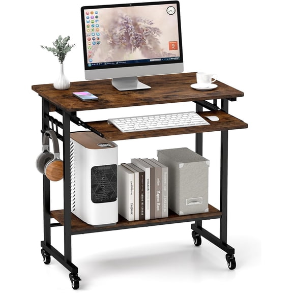 Mobile Laptop Desk Cart with Keyboard Tray, CPU Stand, and 3 Hooks Rustic Brown Industrial Rectangular Computer Desk, Rolling Metal Frame with Wood-Effect Top, 31.5" W x 19.5" D