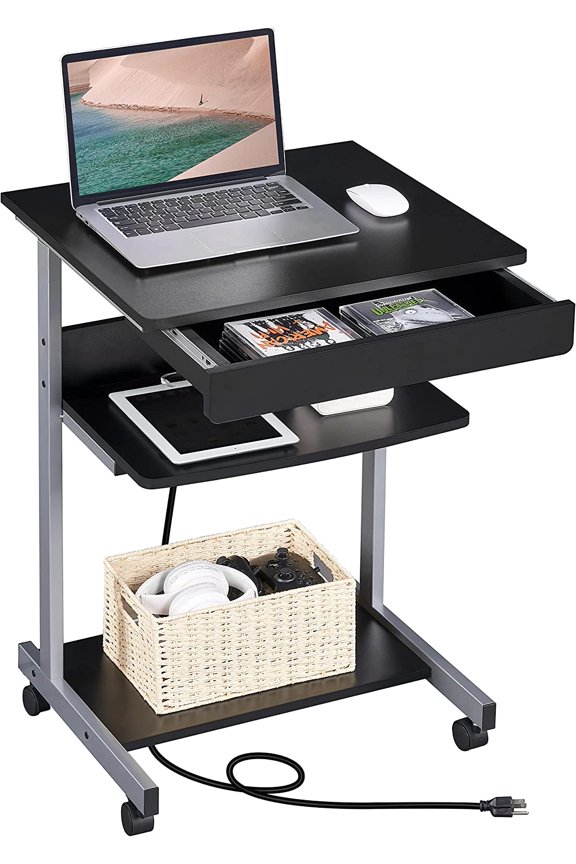 Mobile Laptop Desk Compact Computer Table on Wheels with Power Outlet and USB Ports, Home Office Writing Desk with Charging Station and Printer Shelf Small Desk 22in for Space Saving, Black