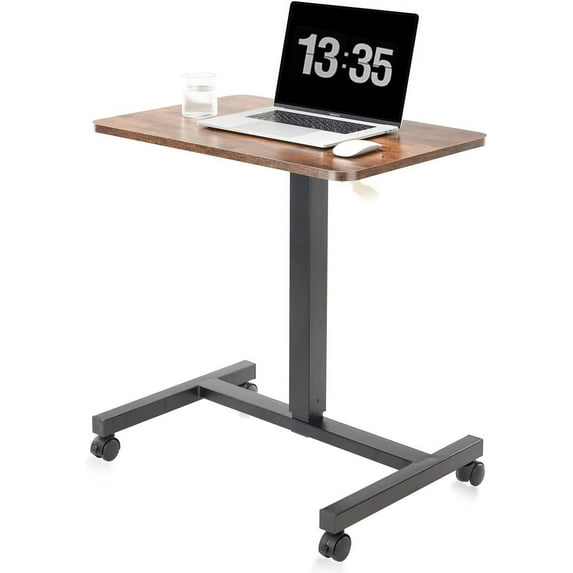Mobile Laptop Desk Pneumatic Sit to Stand Table Height Adjustable Rolling Cart with Lockable Wheels for Home Office Computer Workstation 28" x 19" Brown Round Edge Design Elegant