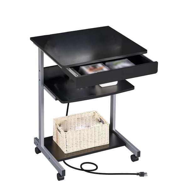 Mobile Laptop Desk with Power Outlet and USB Ports, Compact Rolling Computer Table with Charging Station, Printer Shelf, 22 Inch Space Saving Home Office Desk, Black