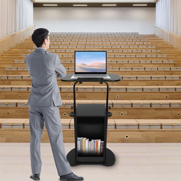 Mobile Laptop Podium, Height Adjustable Sit to Stand Desk with Storage & Wheels