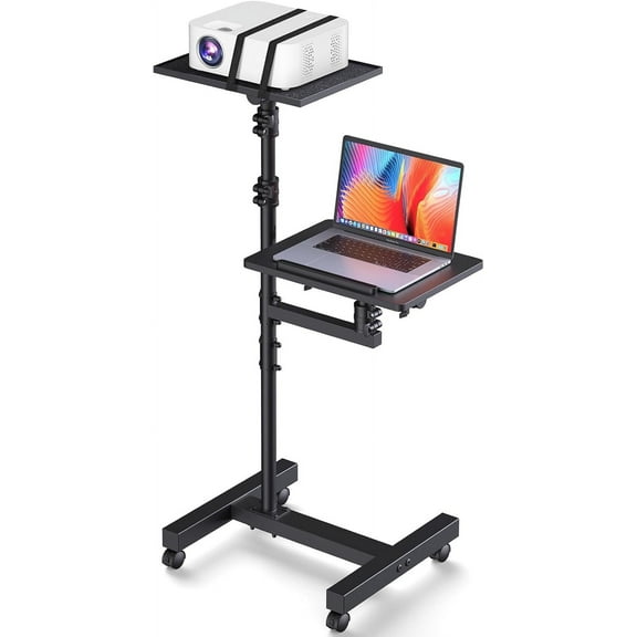 Mobile Laptop Projector Rolling Cart Stand with Adjustable Height and Tilt Multi-Functional AV Equipment Trolley with Universal Mounts for Projector and Notebook, Perfect for Presentations