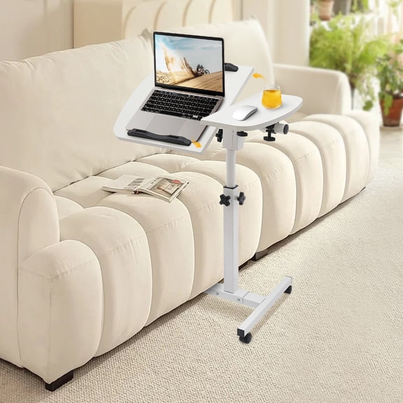 Mobile Laptop Stand with Tabletop, Adjustable Rolling Computer Desk, White Laptop Cart with Wheels, Height and Tilt Adjustable, Side Tray for Mouse, 360 Swivel