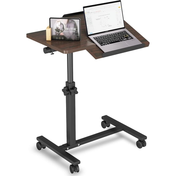 Mobile Laptop Stand for Couch Overbed Table with Wheels Adjustable Height Tilting Sofa Laptop Bed Table Rolling Cart Medical Overbed Tables-Brown