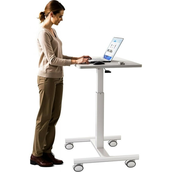Mobile Laptop Standing Desk Adjustable Height, Small Mobile Desk Workstation with Wheels, Portable Rolling Computer Desk Cart for Home Office Classroom (White)