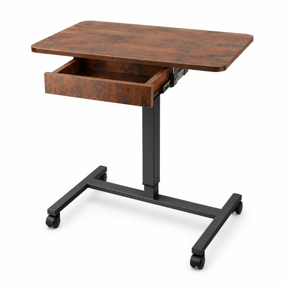 Mobile Laptop Standing Desk, Height Adjustable Teacher Podium with Wheels & Drawer, 28 x 18.9, Brown