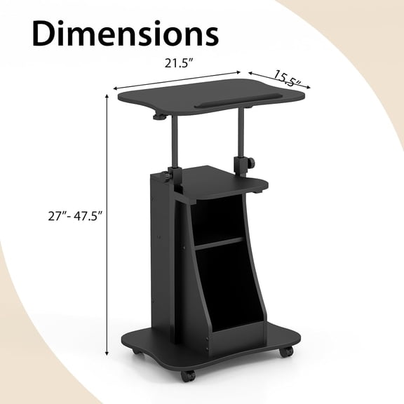 Mobile Lectern Podium, Height Adjustable Podium Stand, Standing Sit-to-Stand Desk, Rolling Cart Laptop Desk with Swivel Top Movable Wheels & Storage
