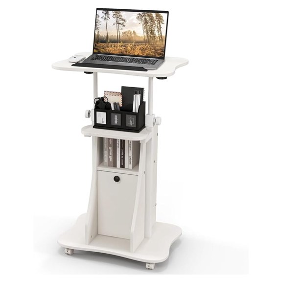 Mobile Lectern Podium Stand, Rolling Laptop Cart w/ 180 Tilting , Storage Compartments & Lockable Casters, Sit-to-Stand Computer Workstation for Home, Office, School (White, Set of 1)