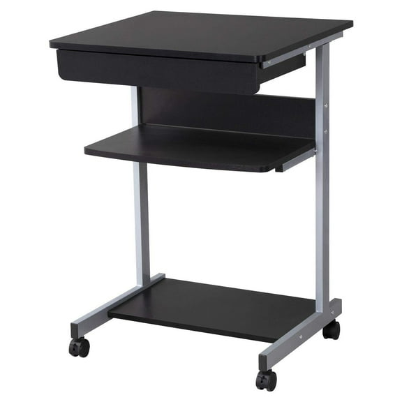 Mobile Lectern Stand with Storage Shelf, 2 Brake Casters Edge Stopper, Rolling Podium for Classroom Office Conference, Durable Black