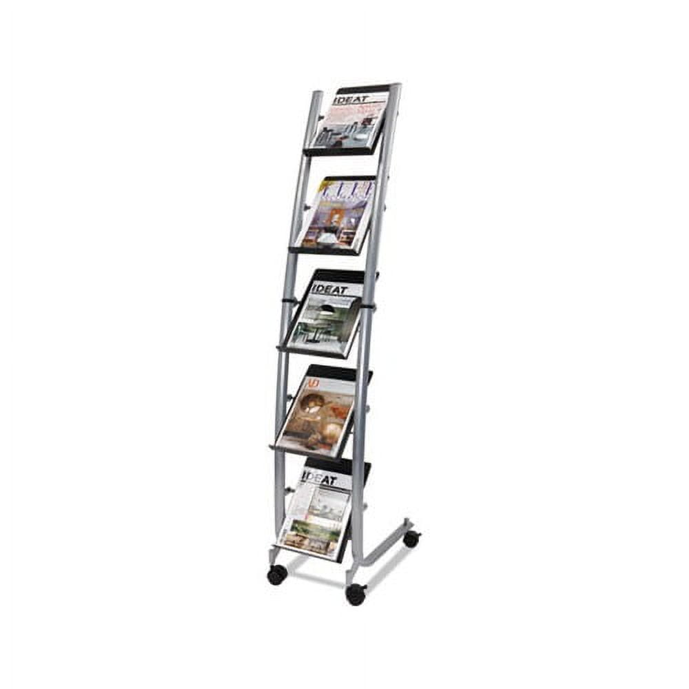 Black and Silver Freestanding Metal Magazine Rack with Wheels