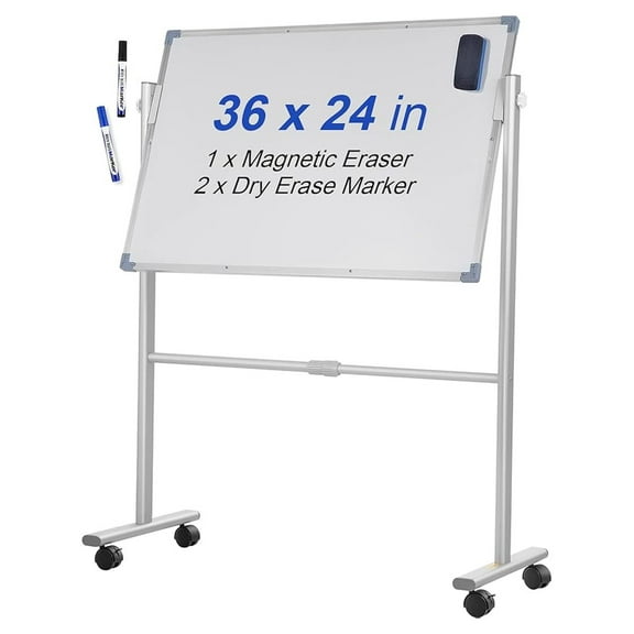 Mobile Magnetic Whiteboard, 36 x 24 Inch, Double Sided, 360 Degree Reversible Rolling Dry Erase Board, Height Adjustable with Aluminum Frame and Lockable Swivel Wheels, for Office School Home