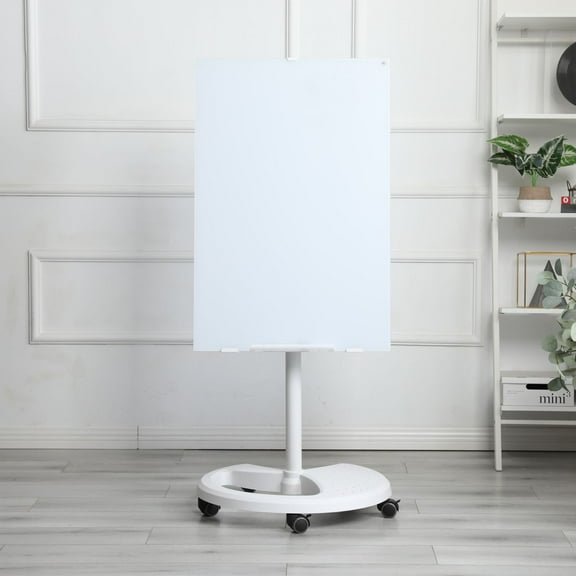 Mobile Magnetic Whiteboard 36 x 24 inches Portable Rolling Dry Erase Board Tempered Glass Surface 60'' - 76'' Adjustable Height Easel Standing White Board for Office Classroom Home