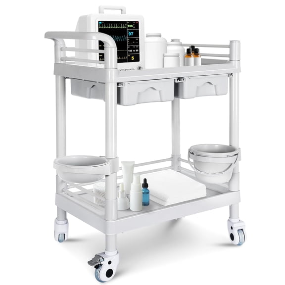 Mobile Medical Cart, 2 Tier Trolley 120 Lbs, with 2 Drawers Carts, Beauty Salon Rolling Trolley with Dirt Buckets, 360 Rotate Wheels, Heavy Duty Medical Utility Cart for Hospital Dental Clinic