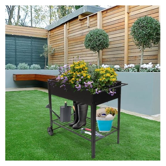Mobile Metal Raised Garden Bed Cart with Legs, Elevated Tall Planter Box with Wheels for Outdoor Indoors House Patio Backyard Vegetables Tomato DIY Grow Black