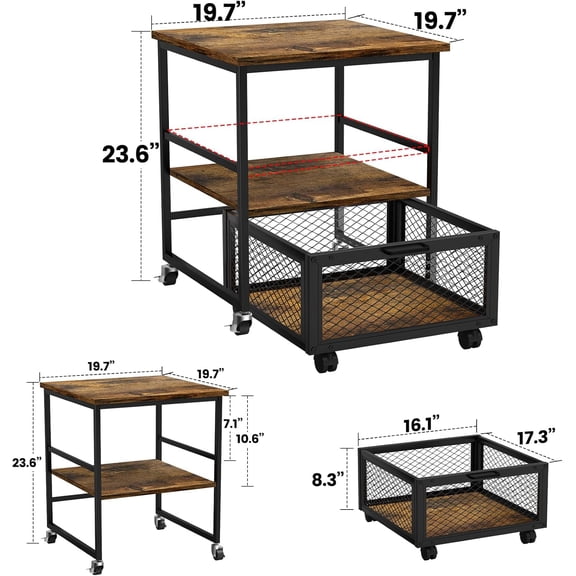 Mobile Mini Fridge Stand with 3 Storage Drawers and Adjustable Shelf, 23.6 Inch High Beverage Refrigerator Cart with Wheels for Dorm Office Kitchen, Wood Finish