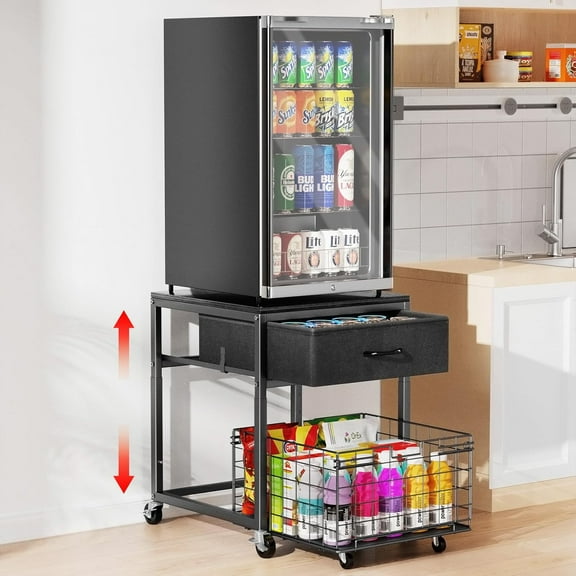 Mobile Mini Fridge Stand with Storage, Height-Adjustable Mini Beverage Fridge Table, Coffee Bar, 200 lbs Heavy-Duty Compact Refrigerator Shelf with Rolling Cabinet for Kitchen Home, Black