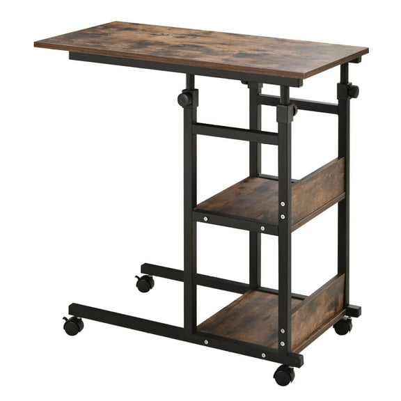 Mobile Nightstand 3-Tier C-Shaped Side Table with Casters Adjustable Height Rolling Sofa Side Table Living Room Bedroom