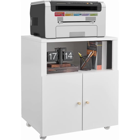 Mobile Office Storage Cabinet with Doors and Shelves, Lateral Filing Cabinet for Home Office, Printer Stand with Open Storage for Letter/Legal Size Files (White)