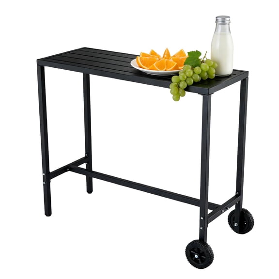 Mobile Outdoor Bar Table with Wheels, Black Metal Patio Serving Cart, Weatherproof High Top Table for Grill, Pool & Garden