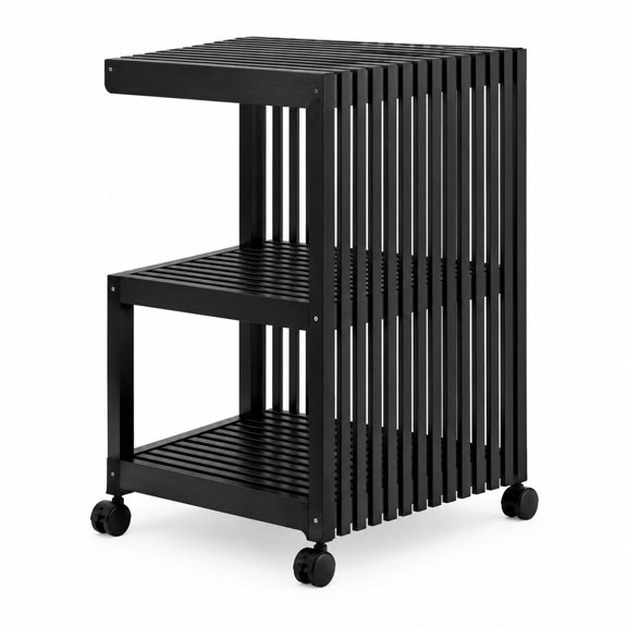 Mobile PC Tower Stand with Caster Wheels, 2-Tier 24in Black Bamboo Computer Cart for Floor and Carpet Use